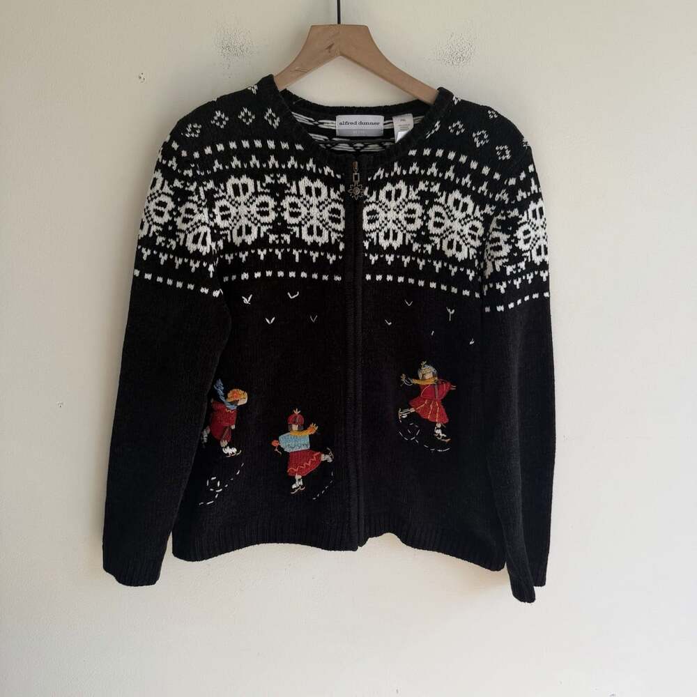 Alfred Dunner Petites Full Zip Fair Isle Ice Skating Sweater Size PXL Black